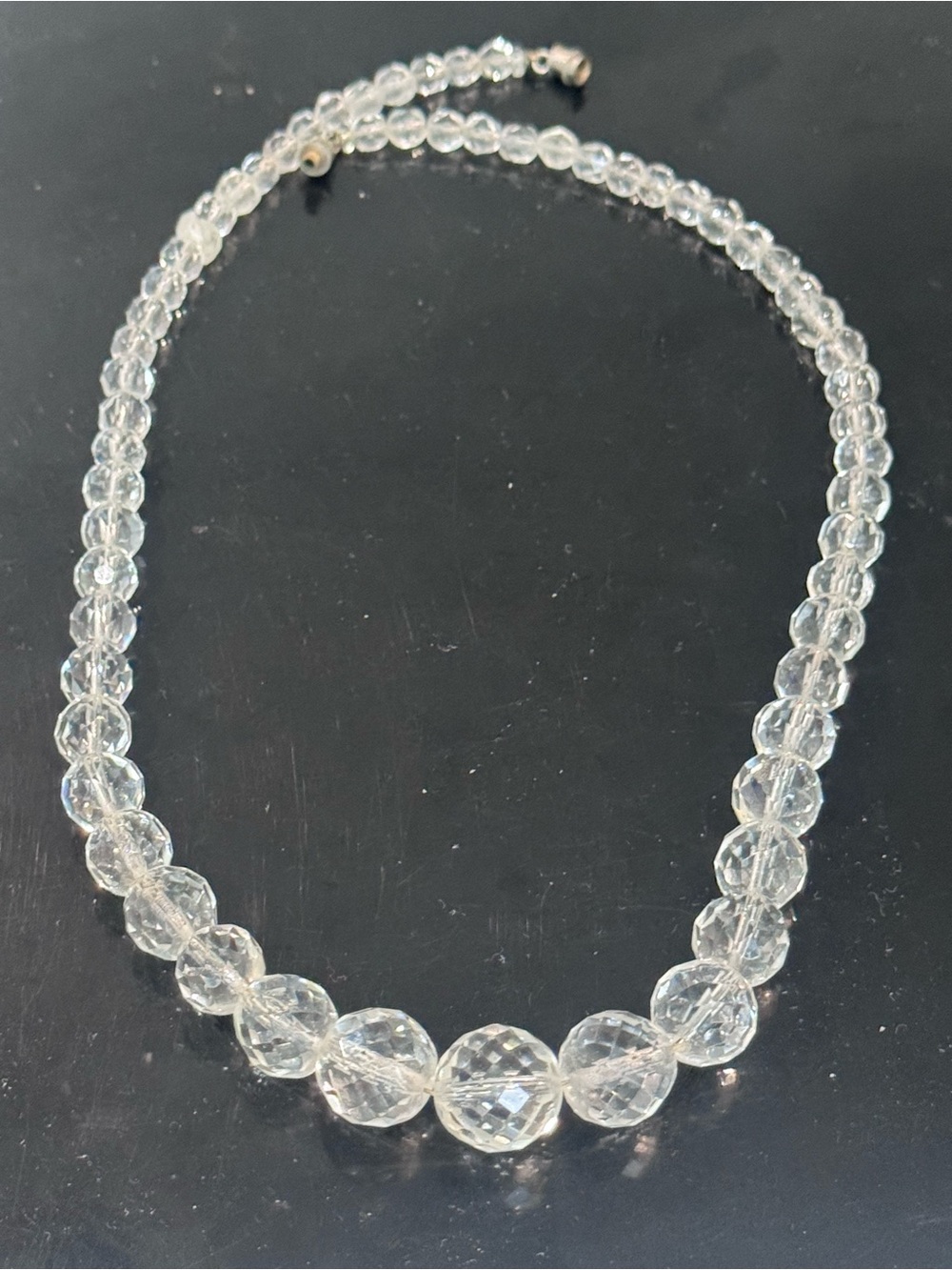 Vintage Art Deco Faceted Rock Crystal Graduated Bead Necklace Barrel Screw Clasp
